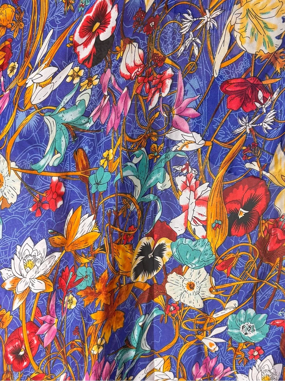 Italian Silk Scarf Botanical Bouquet Blue Floral Motif Italy Large 68